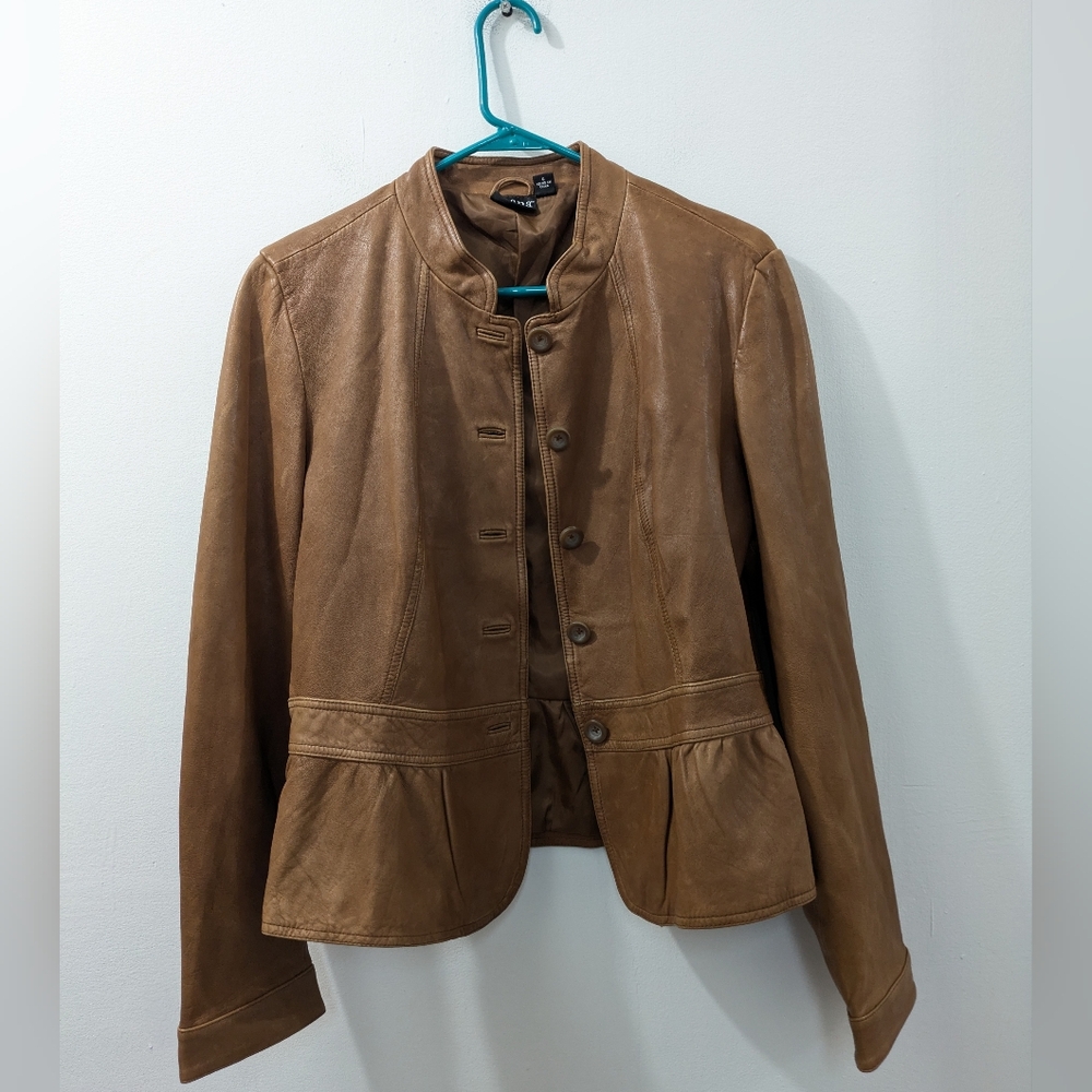 Ana Leather Blazer Jacket Brown Camel Coat Button Up Fitted Style VTG Large